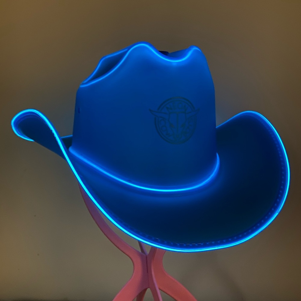 Neon Cowboys Blue Light Up Hat and Bolo Tie and pink hat stand BUNDLE